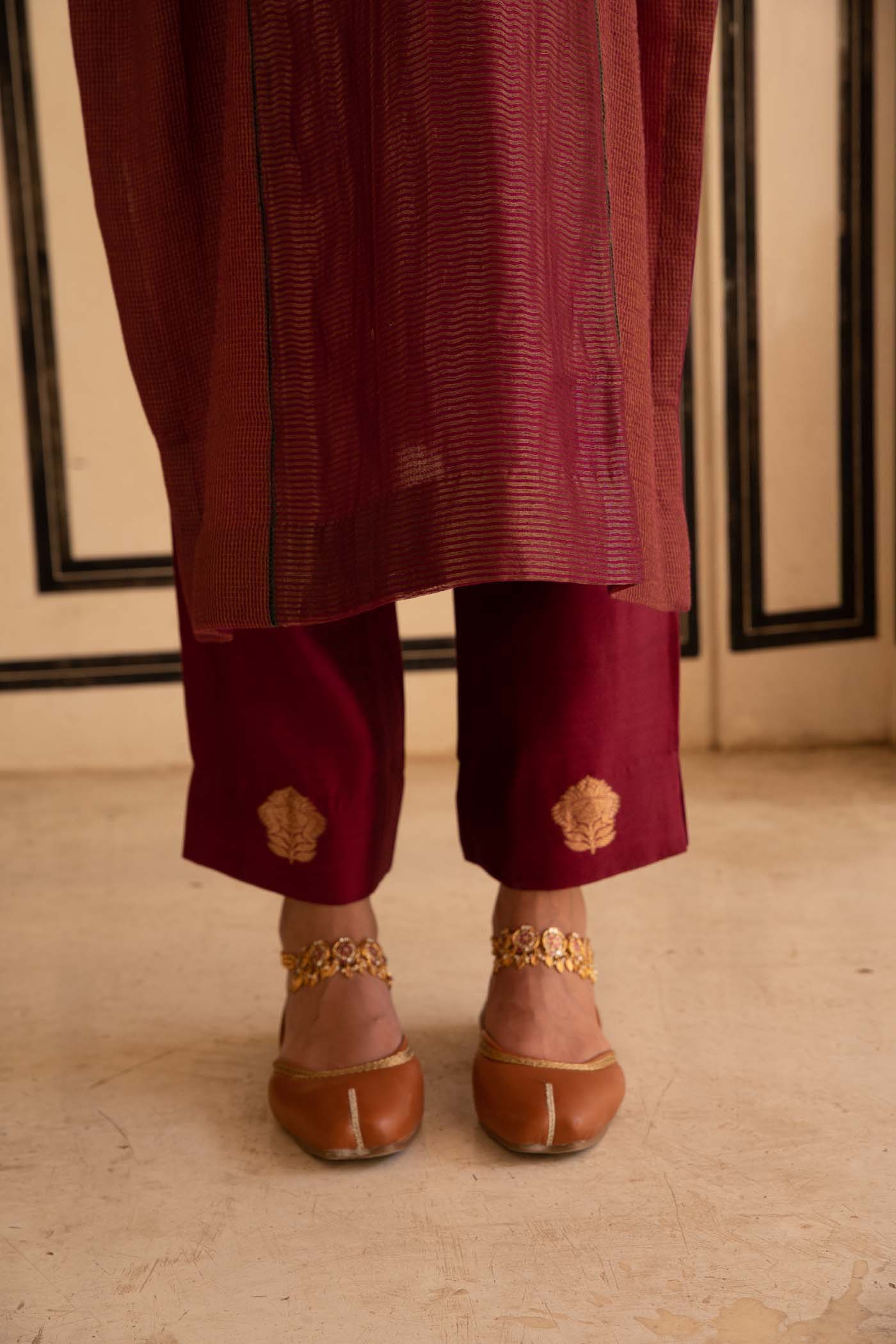 Wine Hand-Embroidered Handloom Pure Cotton-Silk (Stripes & Checks) Kurta-Pants Set