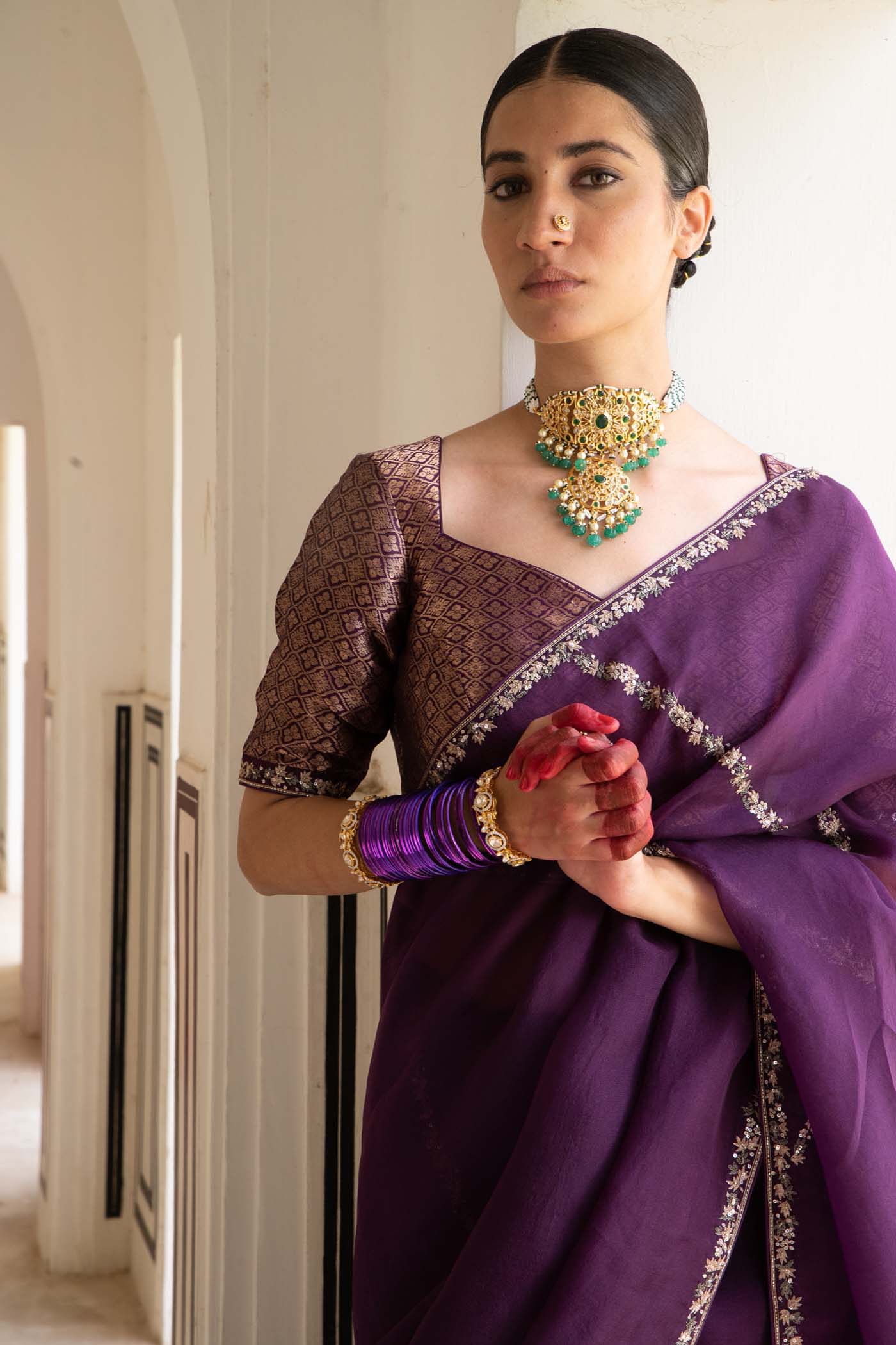 Aubergine Hand-Embroidered Pure Silk-Organza Saree With Pure Brocade Blouse Set