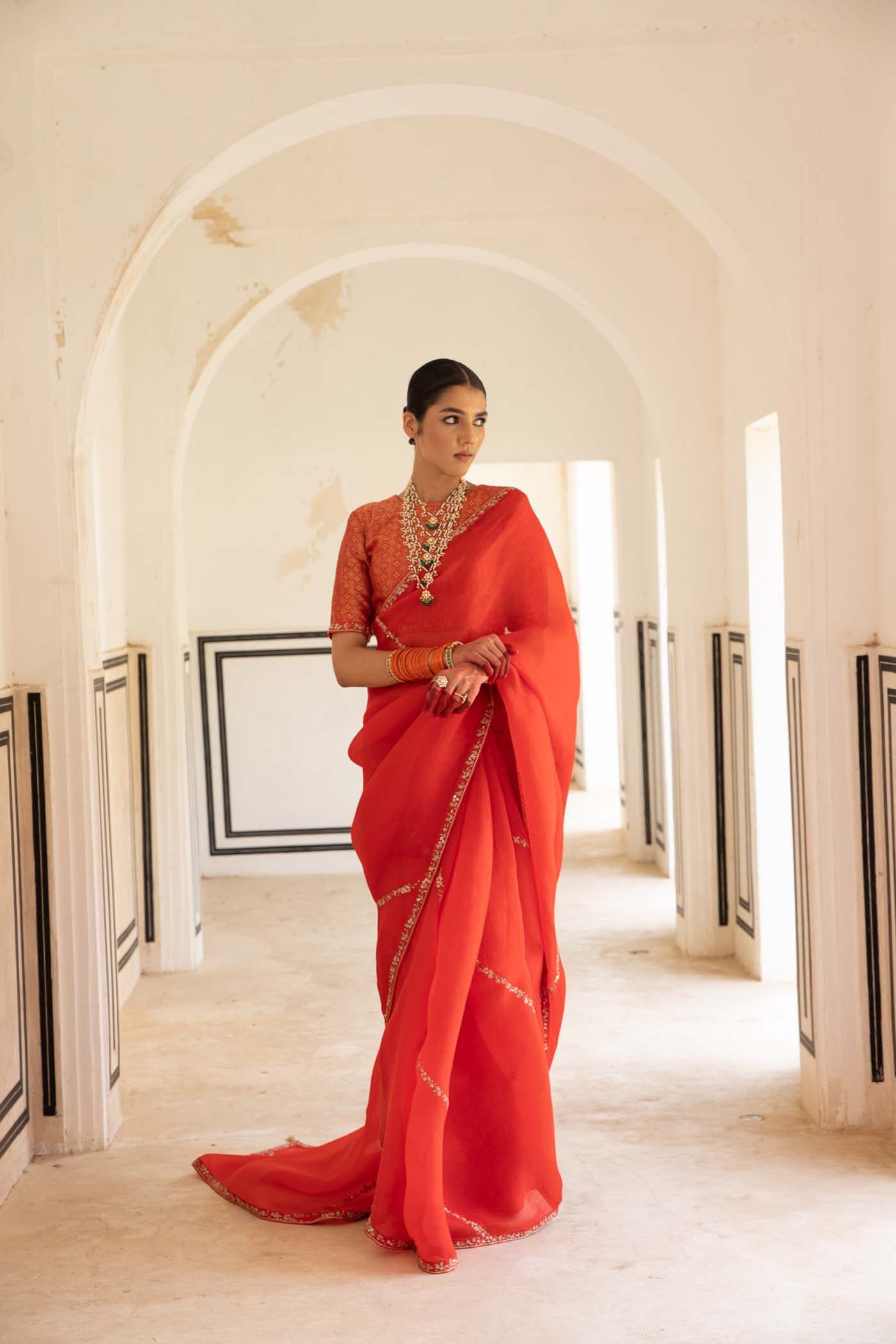 Tomato-Red Hand-Embroidered Pure Silk-Organza Saree With Pure Brocade Blouse Set