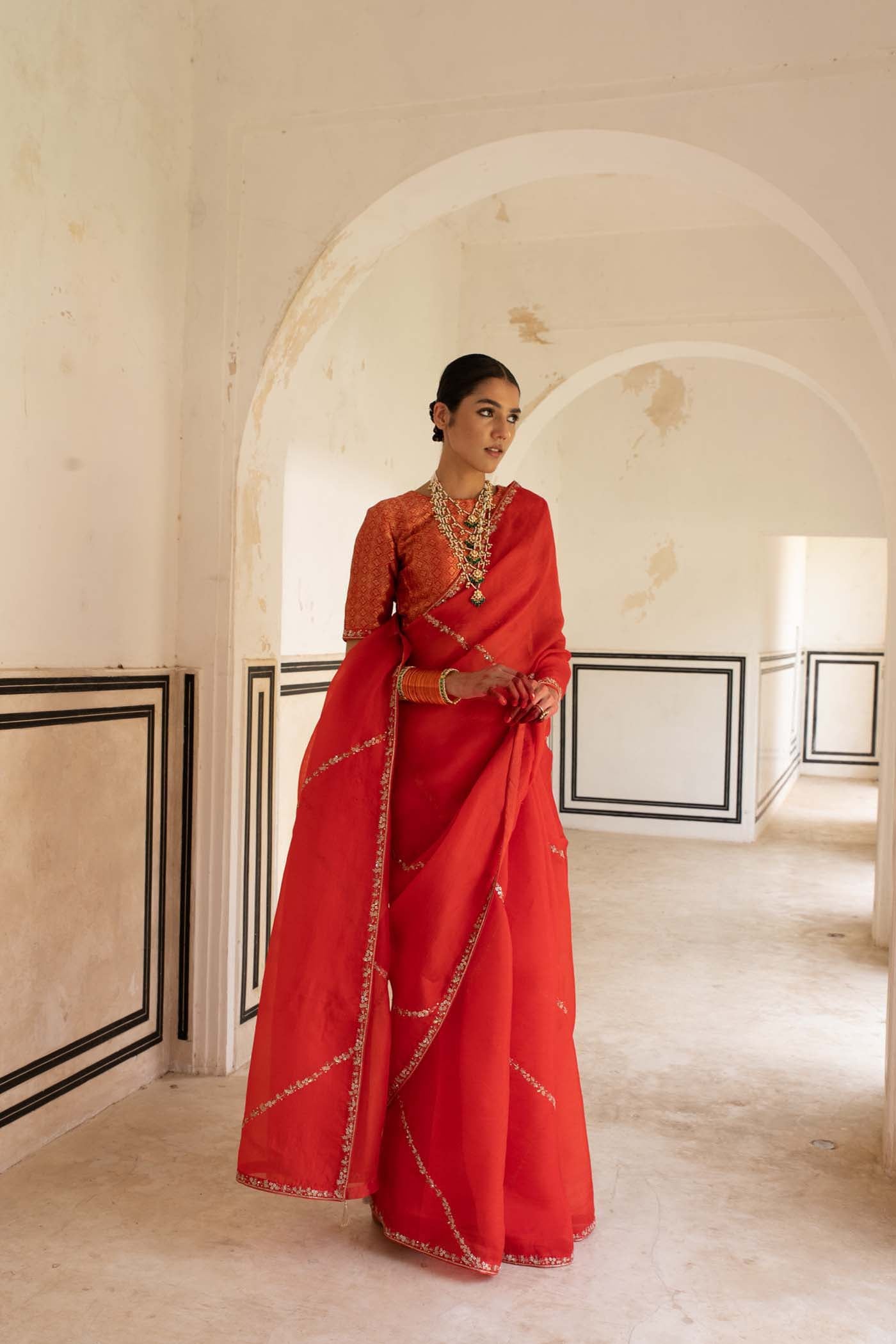 Tomato-Red Hand-Embroidered Pure Silk-Organza Saree With Pure Brocade Blouse Set