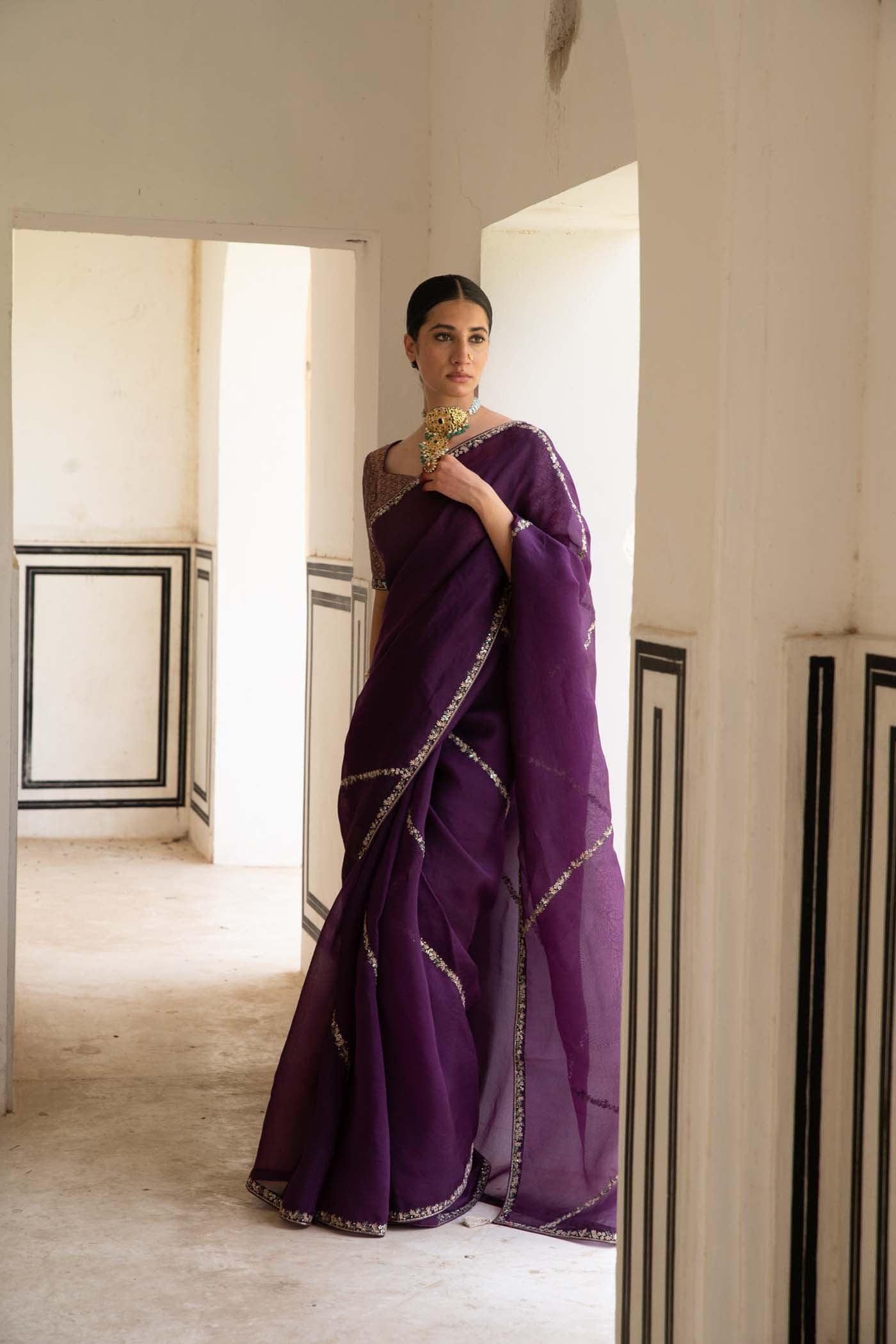 Aubergine Hand-Embroidered Pure Silk-Organza Saree With Pure Brocade Blouse Set