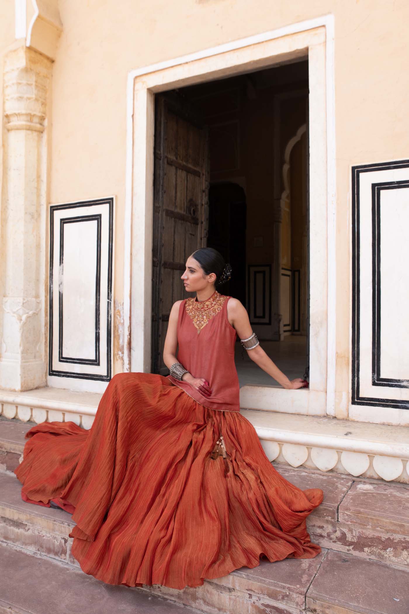 Tomato-Red Hand-Embroidered Pure Silk-Tissue Short-Kurti Lehenga-Set