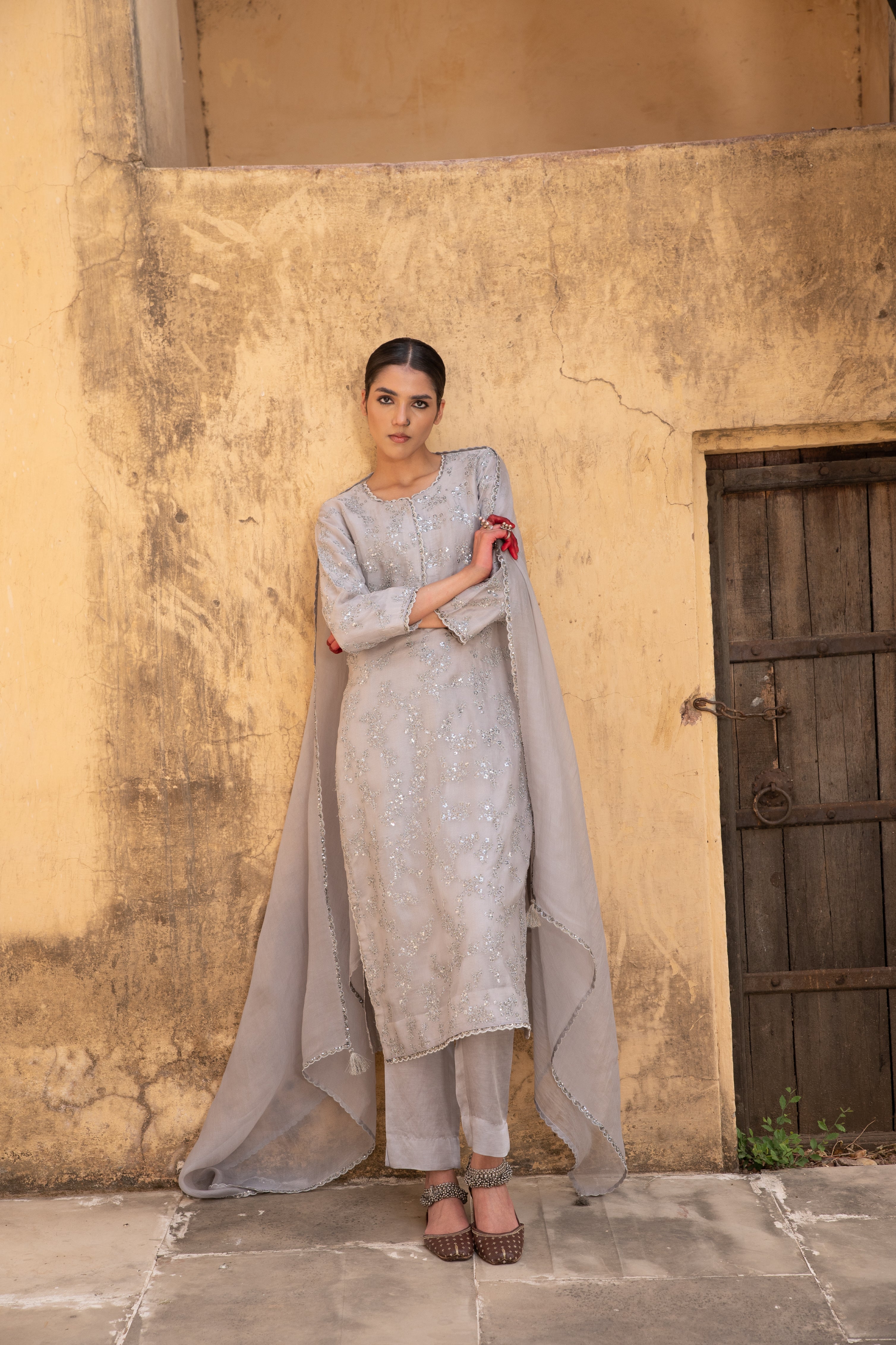 Light-Grey Hand-Embroidered Pure Silk-Organza Kurta-Pants Set