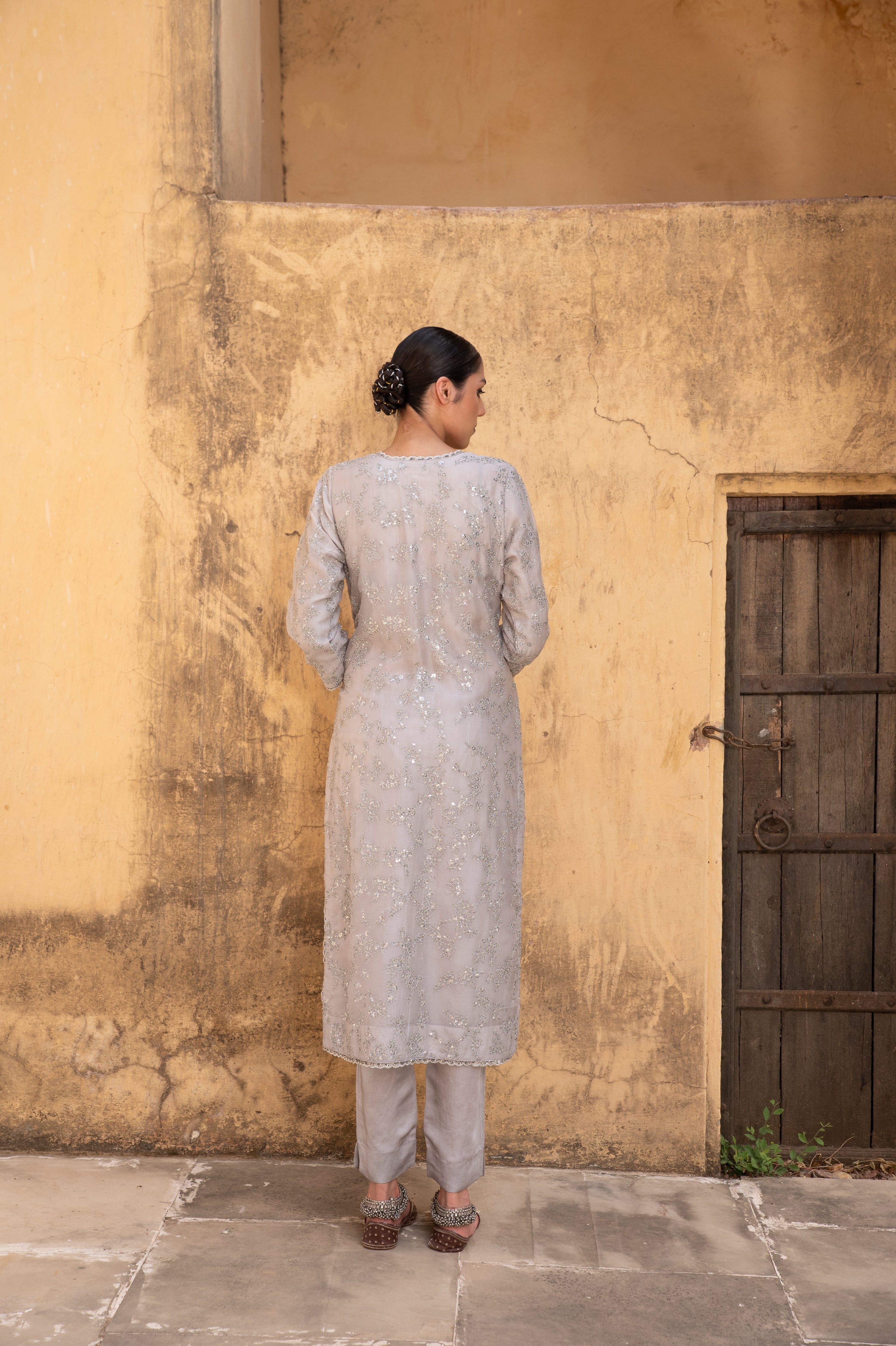 Light-Grey Hand-Embroidered Pure Silk-Organza Kurta-Pants Set