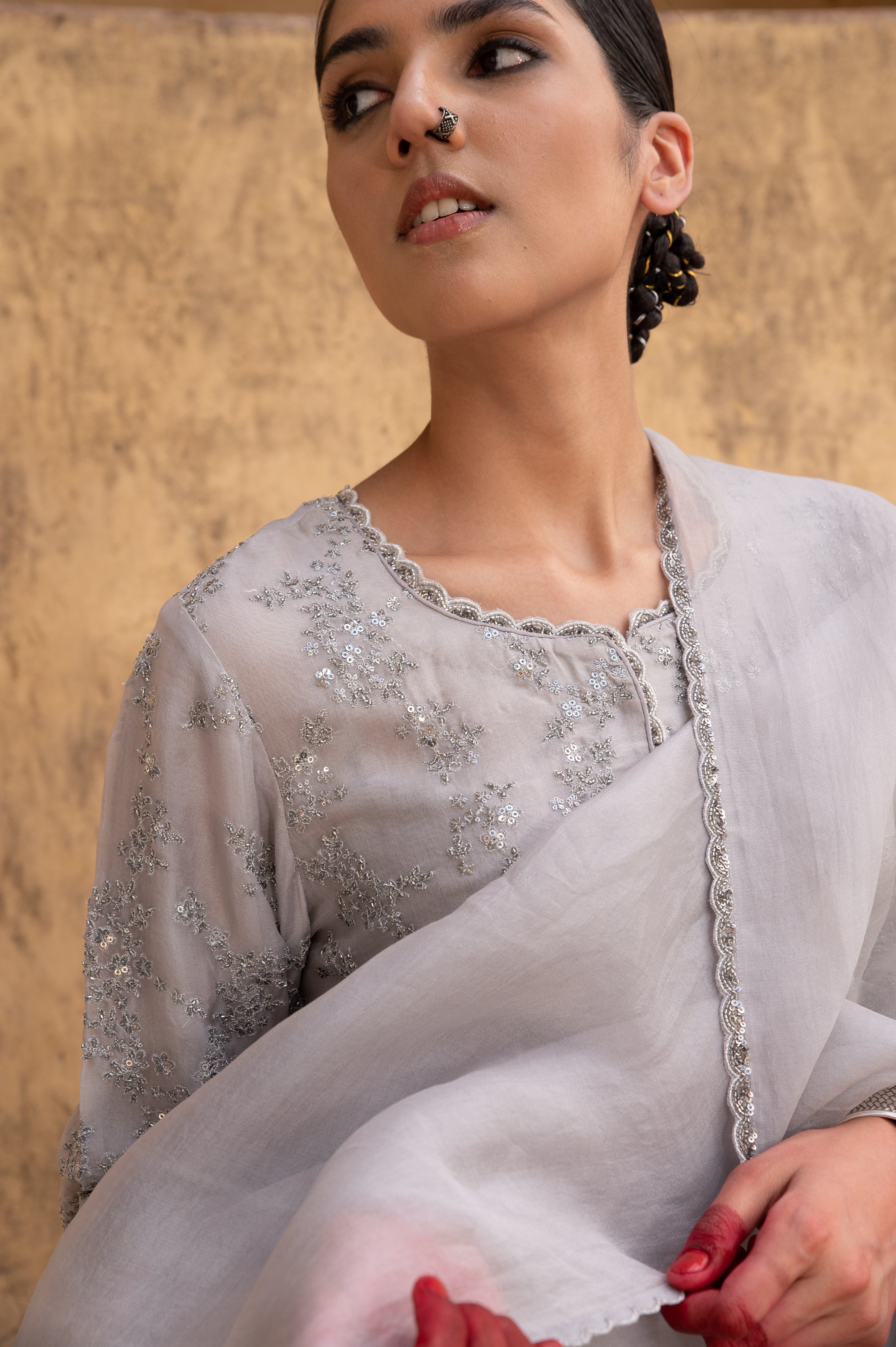 Light-Grey Hand-Embroidered Pure Silk-Organza Kurta-Pants Set