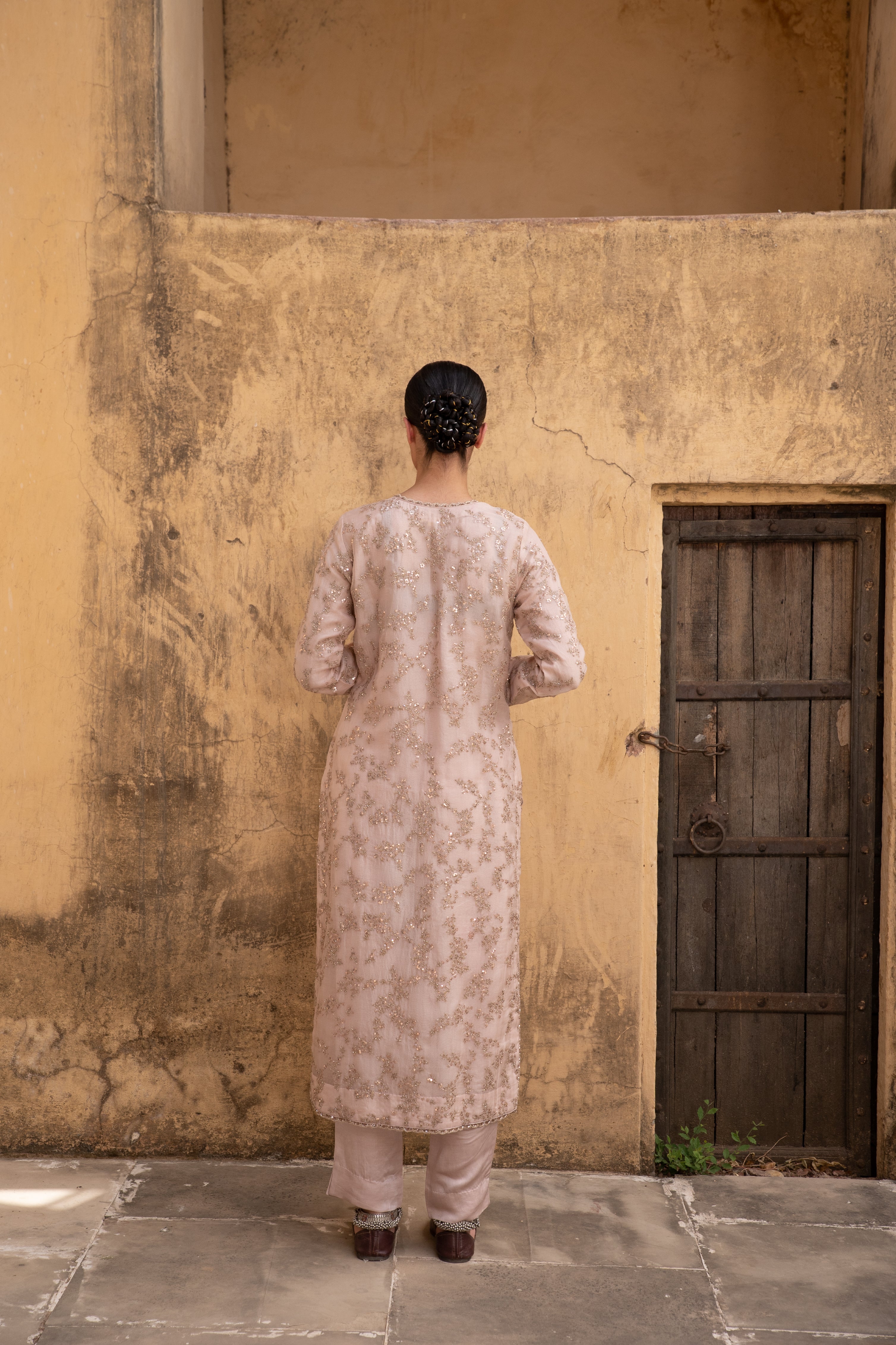 Pastel-Pink Hand-Embroidered Pure Silk-Organza Kurta-Pants Set