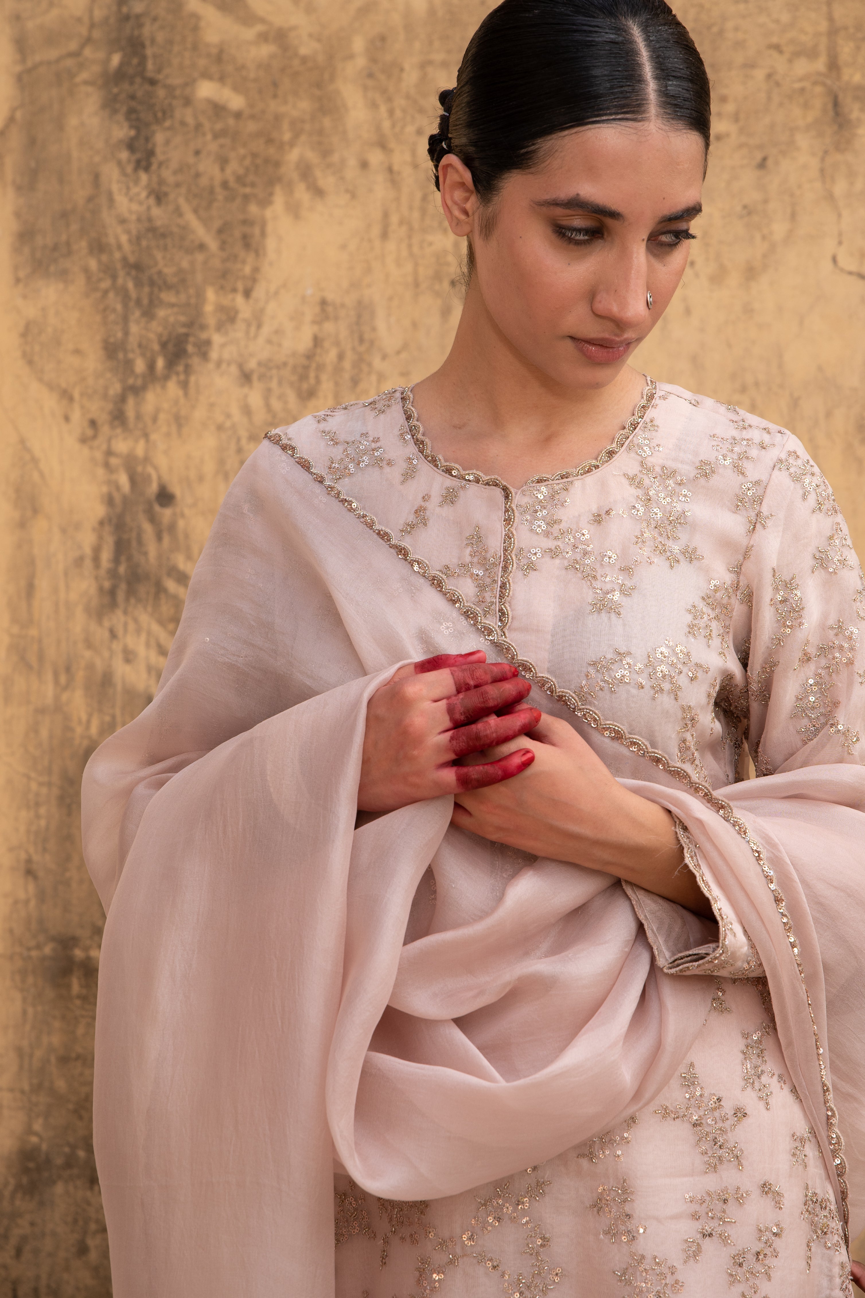 Pastel-Pink Hand-Embroidered Pure Silk-Organza Kurta-Pants Set