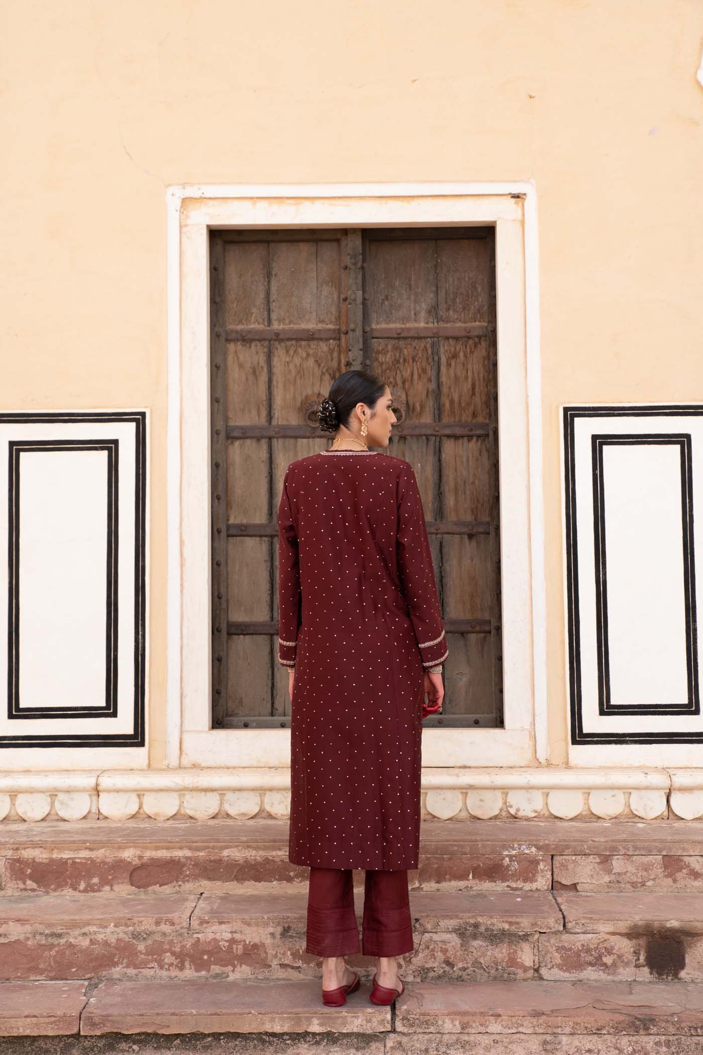 Dark-Maroon Hand-Embroidered Pure Silk-Cotton Kurta-Pants Set