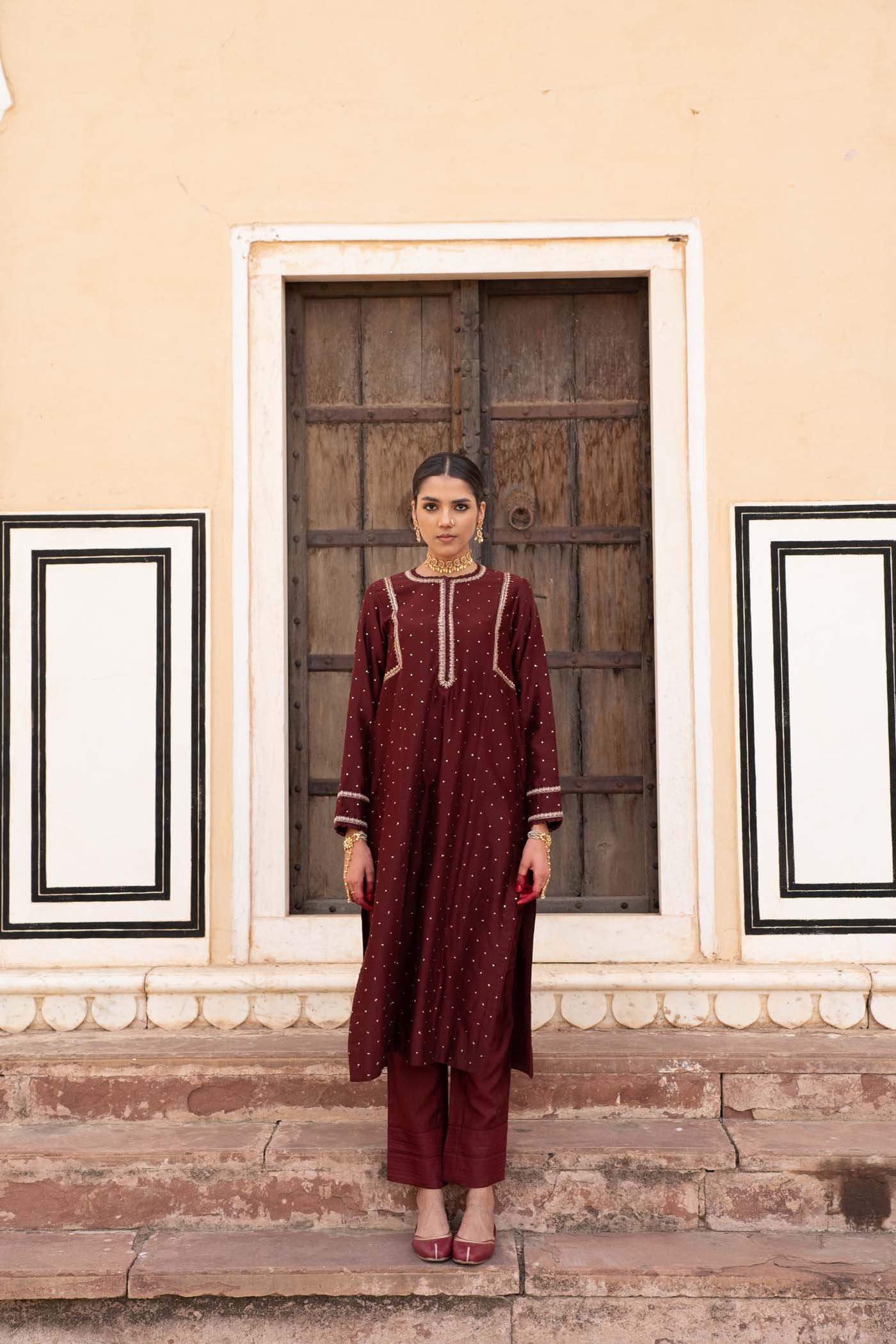 Dark-Maroon Hand-Embroidered Pure Silk-Cotton Kurta-Pants Set