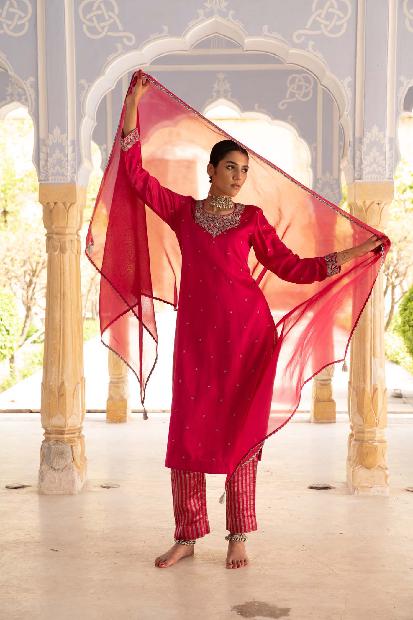 Rani-Pink Hand-Embroidered Handloom Pure Mashru-Silk (Katan Silk & Cotton) Kurta-Pants Set