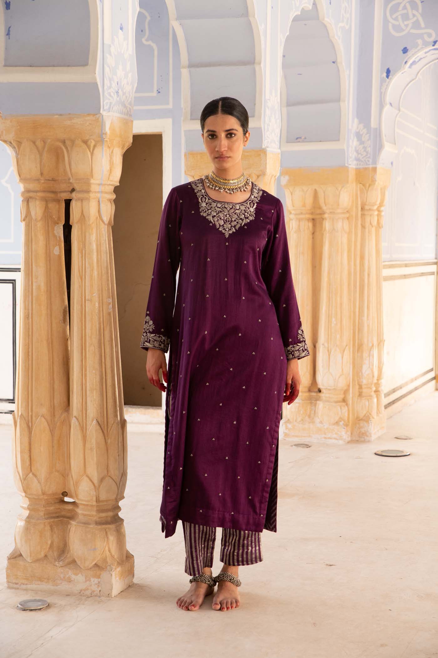 Aubergine Hand-Embroidered Handloom Pure Mashru-Silk (Katan Silk & Cotton) Kurta-Pants Set