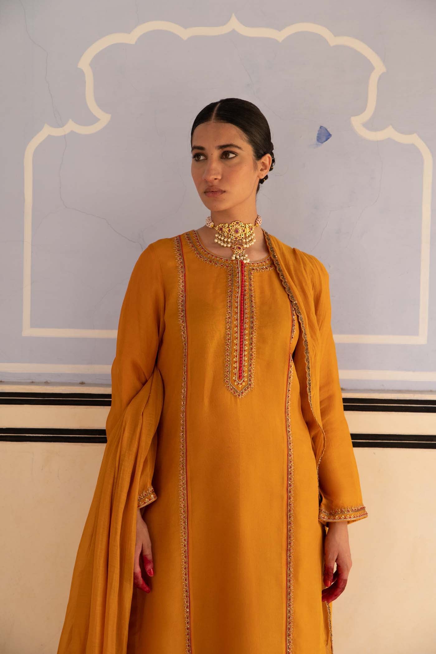 Mango-Yellow Hand-Embroidered Pure Silk-Organza Kurta-Pants Set