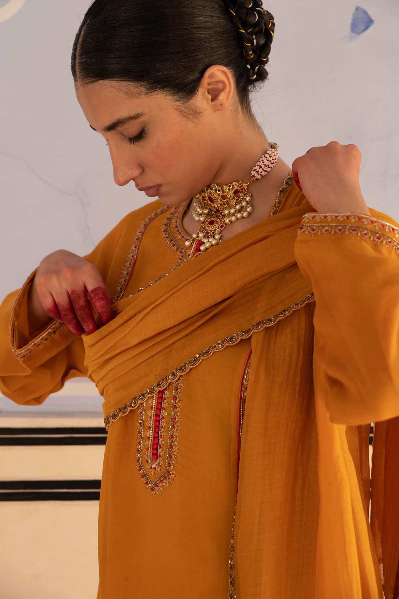 Mango-Yellow Hand-Embroidered Pure Silk-Organza Kurta-Pants Set