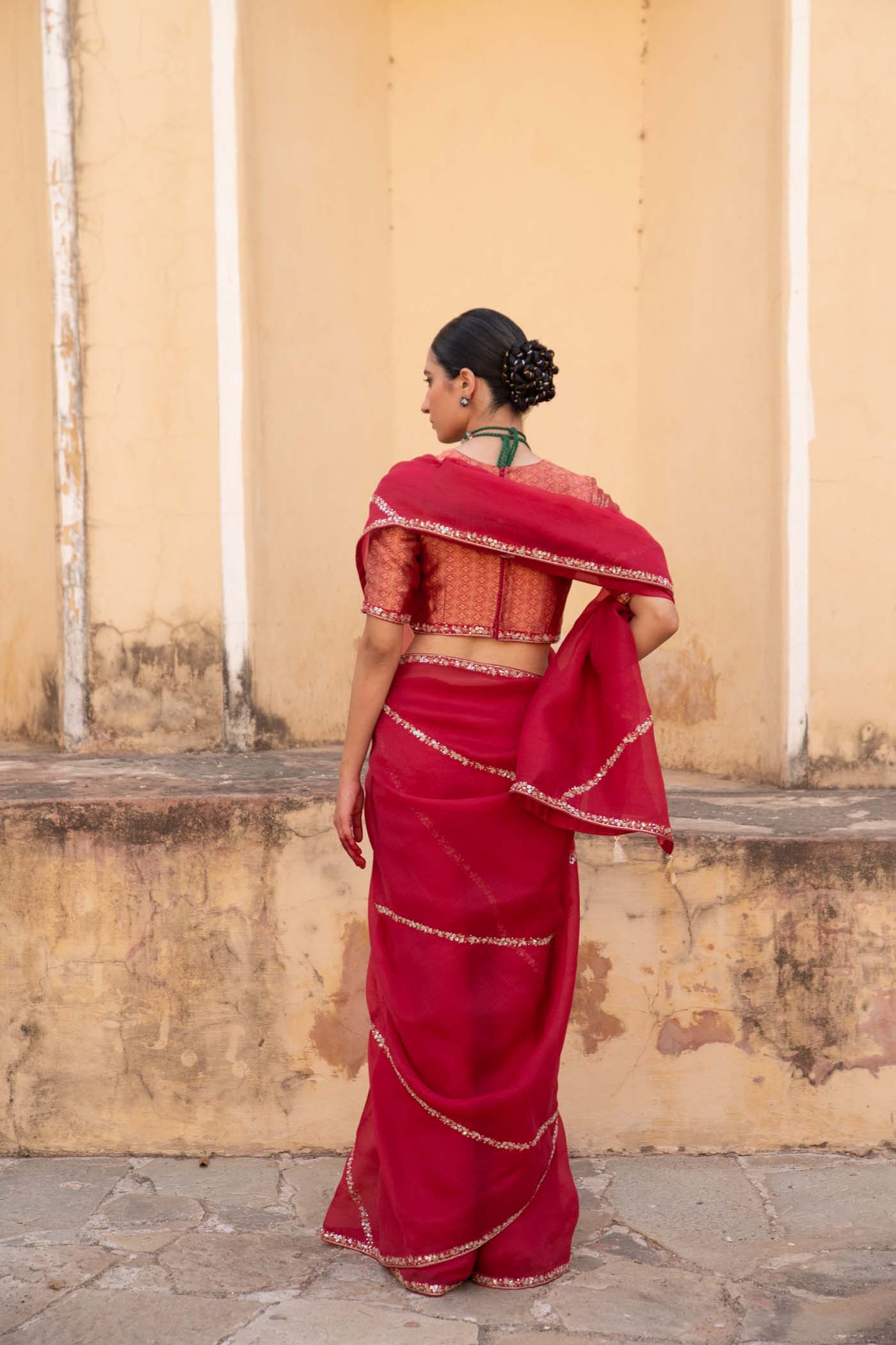 Rani-Pink Hand-Embroidered Pure Silk-Organza Saree With Pure Brocade Blouse Set