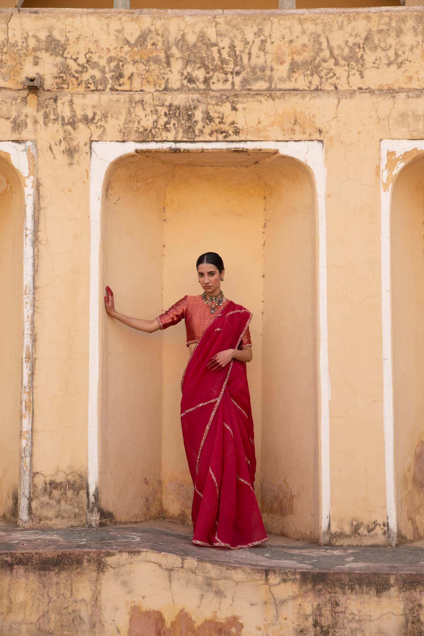 Rani-Pink Hand-Embroidered Pure Silk-Organza Saree With Pure Brocade Blouse Set