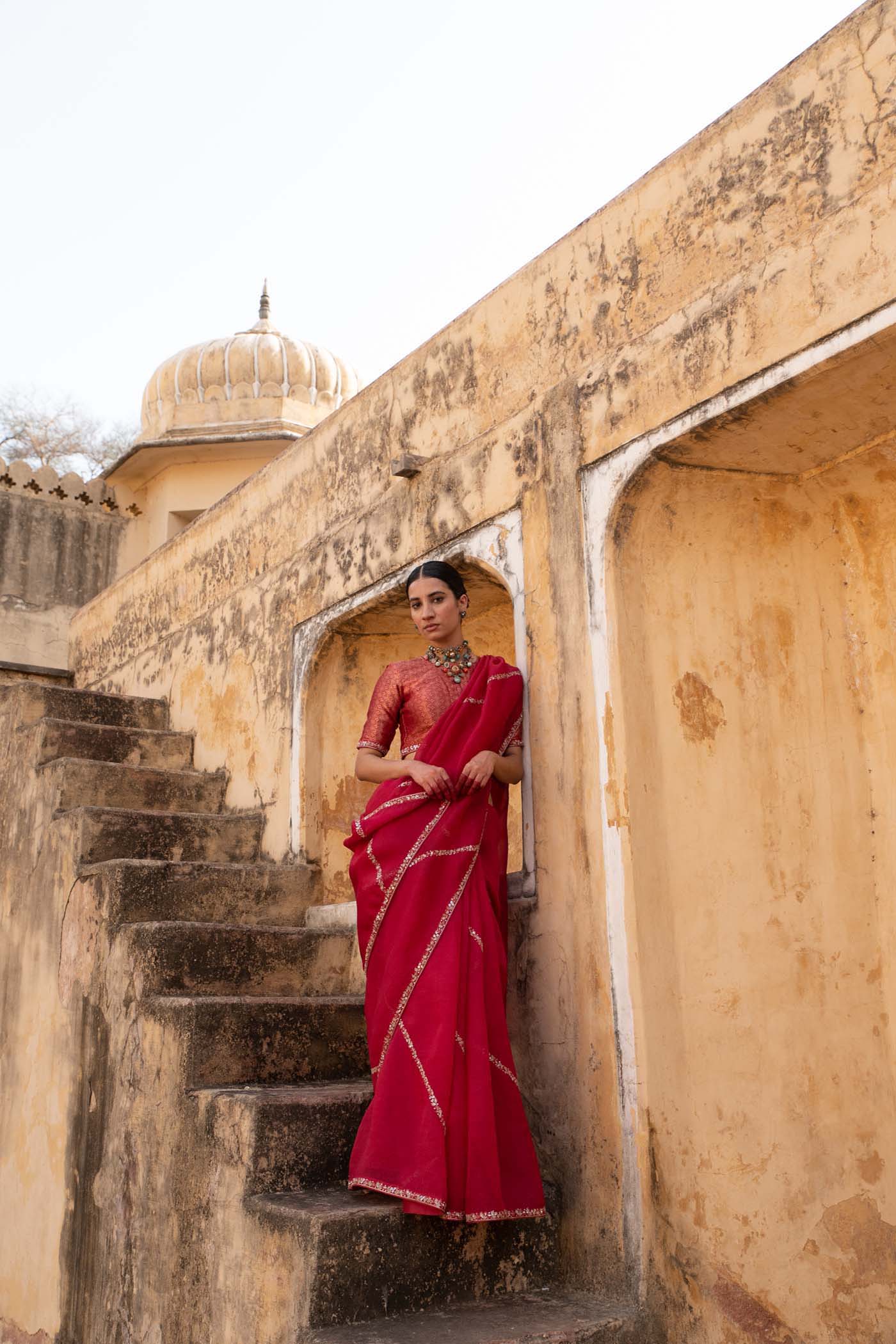 Rani-Pink Hand-Embroidered Pure Silk-Organza Saree With Pure Brocade Blouse Set