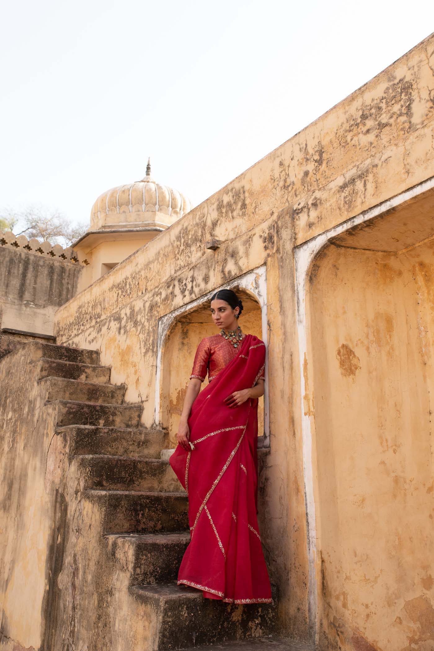 Rani-Pink Hand-Embroidered Pure Silk-Organza Saree With Pure Brocade Blouse Set