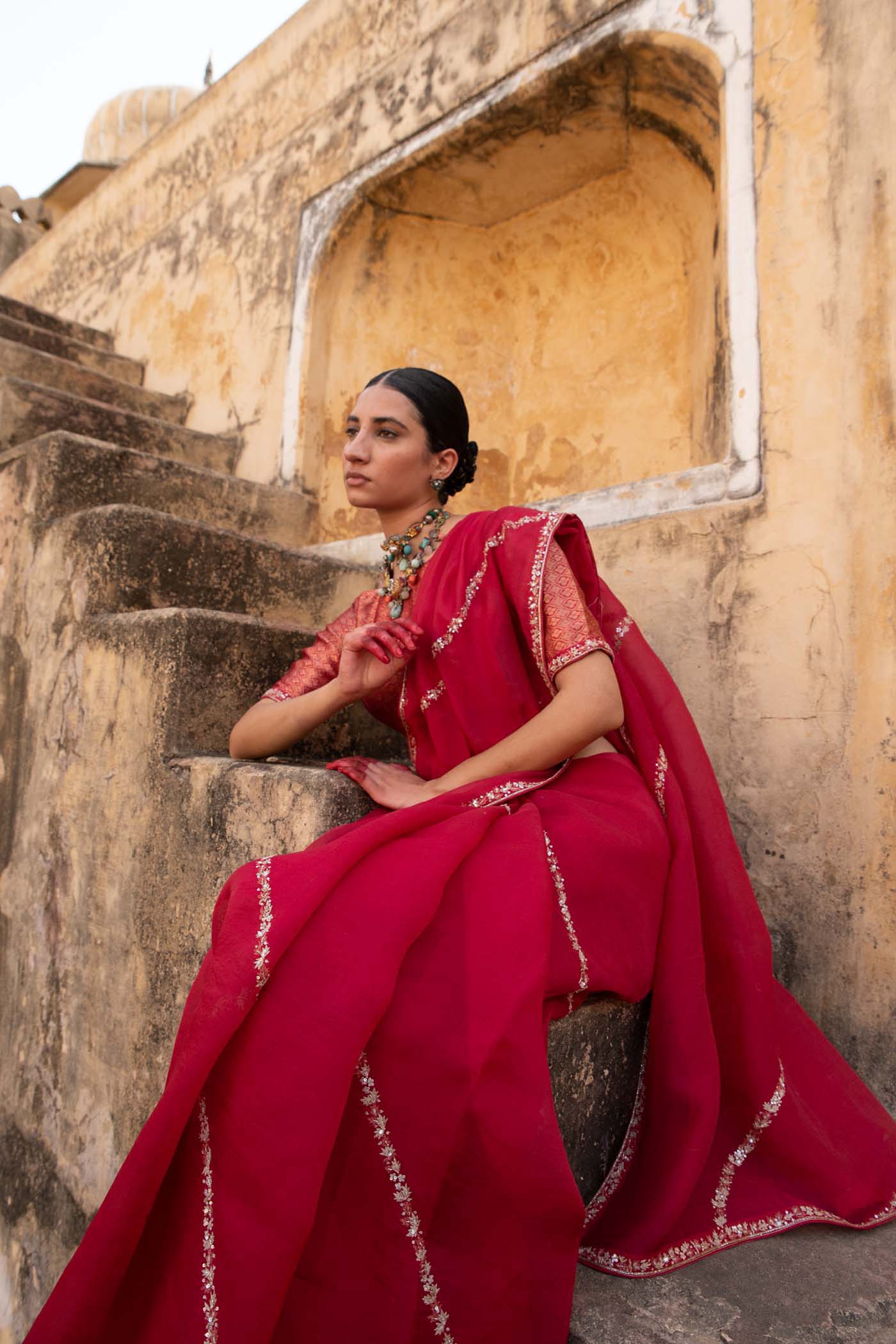 Rani-Pink Hand-Embroidered Pure Silk-Organza Saree With Pure Brocade Blouse Set