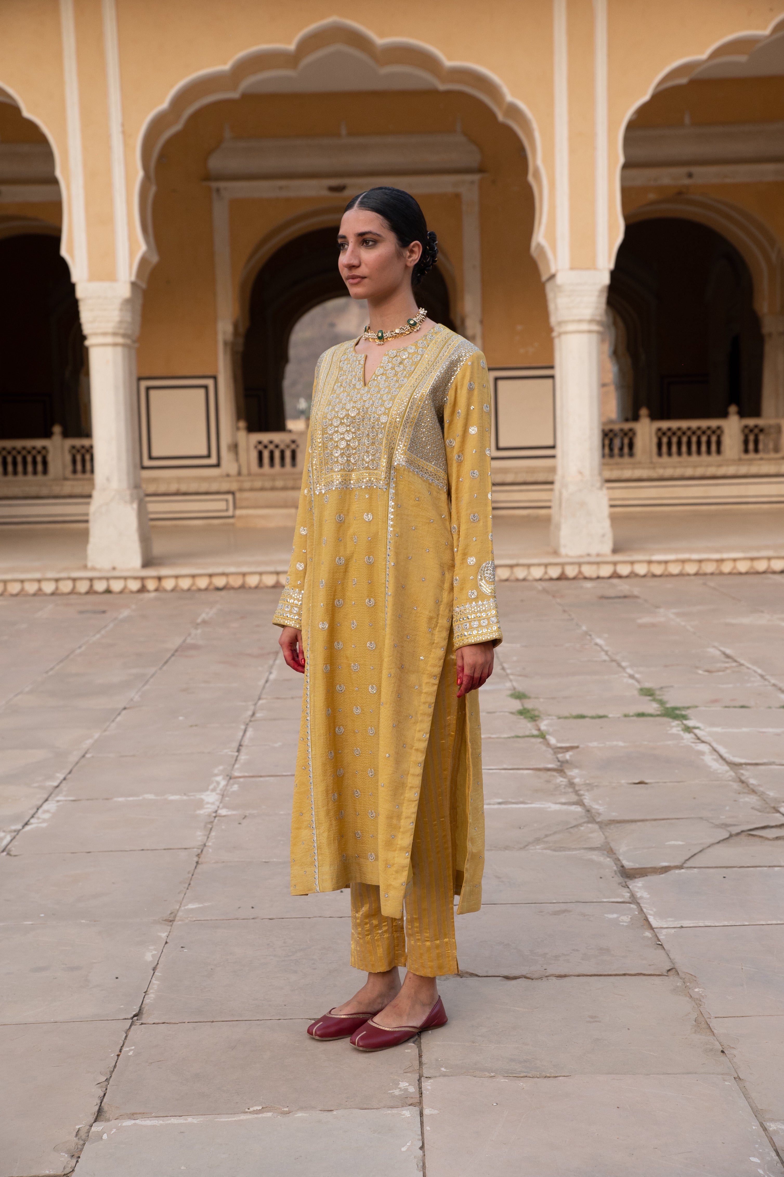 Lime-Yellow Embroidered (Chaand-Buta) Pure Handloom Silk-Cotton (Stripes & Checks) Kurta-Pants Set