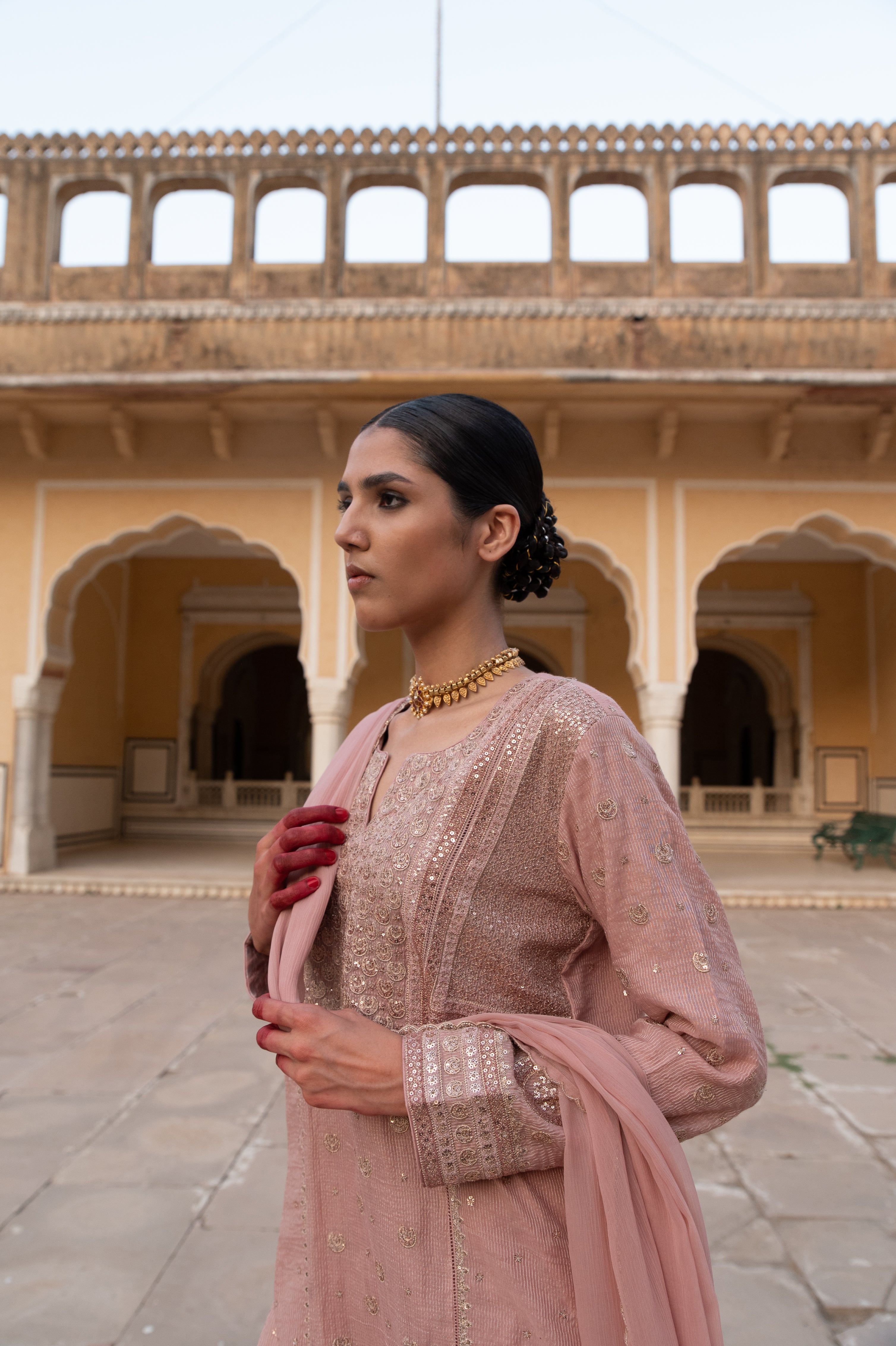 Dusty-Pink Embroidered (Chaand-Buta) Pure Handloom Silk-Cotton (Stripes & Checks) Kurta-Pants Set