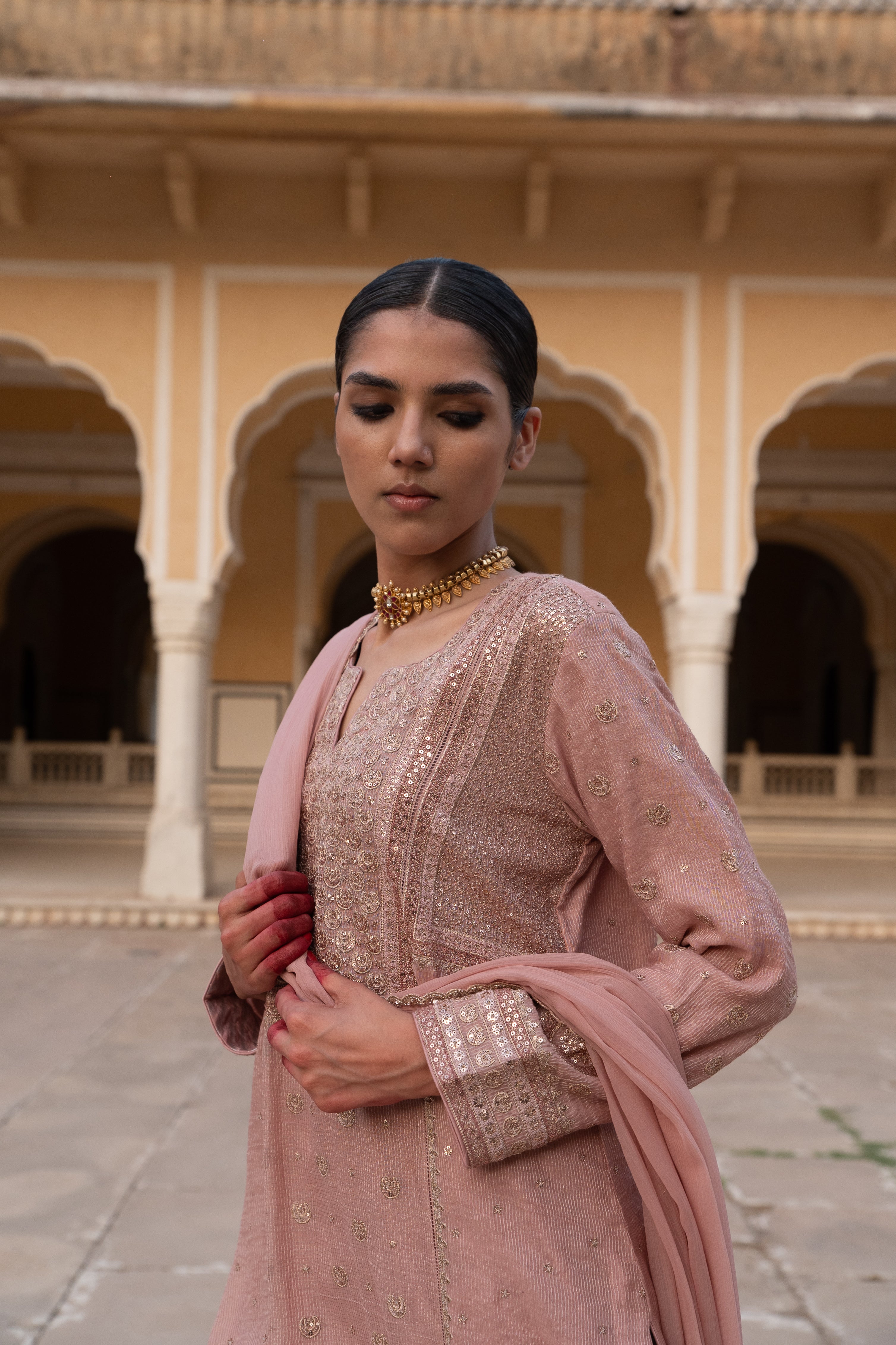 Dusty-Pink Embroidered (Chaand-Buta) Pure Handloom Silk-Cotton (Stripes & Checks) Kurta-Pants Set